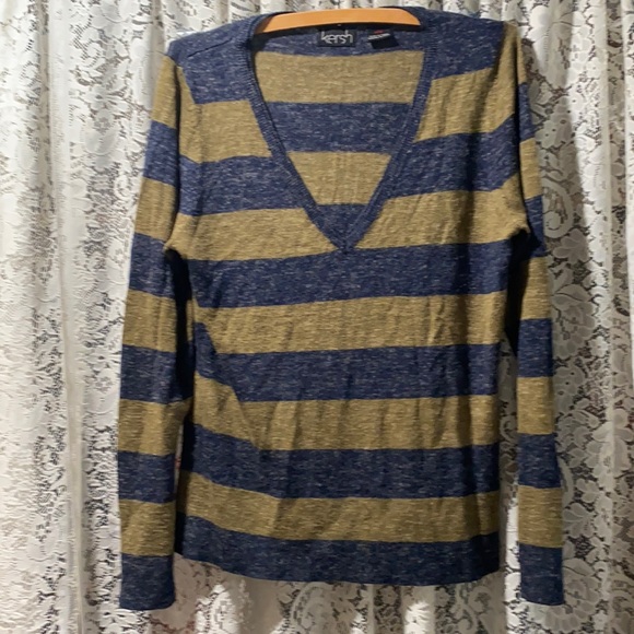 Kersh Sweaters - KERSH OLIVE/NAVY STRIPED SWEATER V-NECK SZ XL